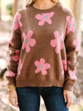 Entro Floral Sweater Large Brown Pink